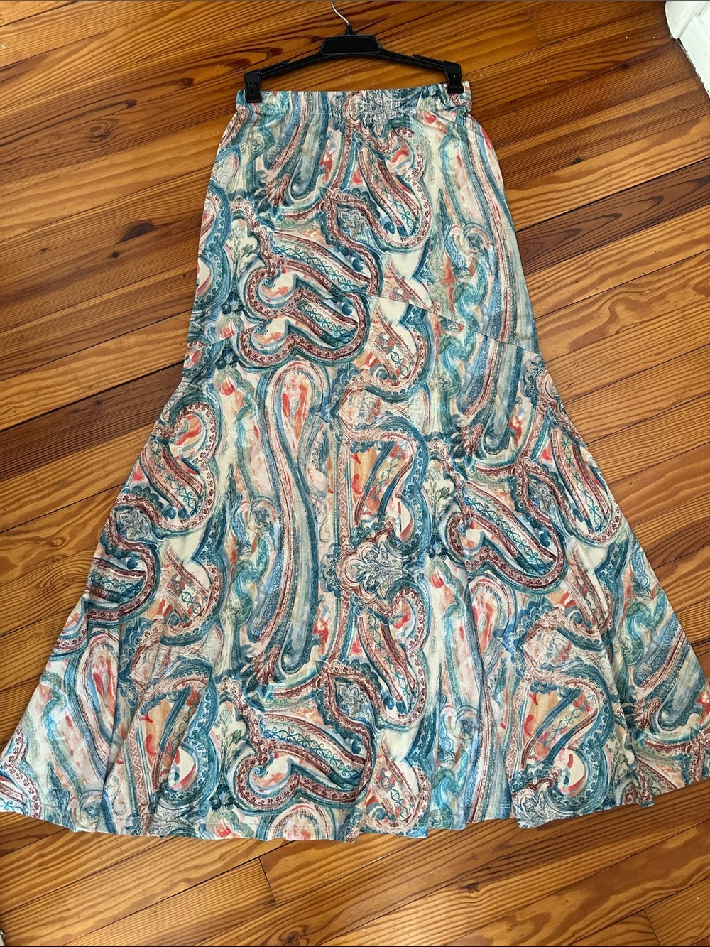 Peruvian Connection XS drop waist paisley print maxi skirt, pull on Fall skirt